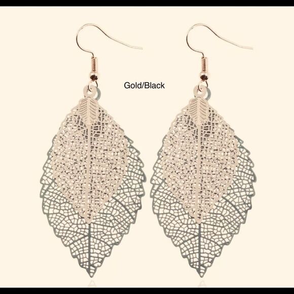 VINTAGE TWO TONE LEAVES DROP EARRINGS SET OF 2 - Picture 2 of 5